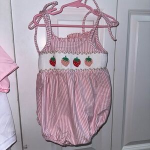 Shrimp & Grits Kids smocked striped strawberry bubble